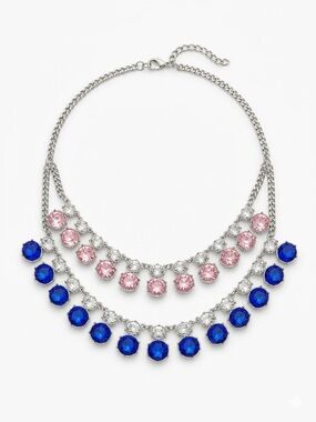 Triple-Row Silver Necklace with Pink and Blue Crystal Drops